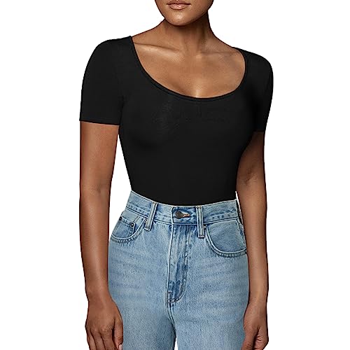 RoomTour Body Damen Elegant Kurz Bodys for damen Bodysuit Tops for damen Stringbody Runder Kragen schwarz M von RoomTour