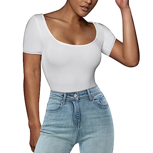 RoomTour Body Damen Elegant Kurz Bodys for damen Bodysuit Tops for damen Stringbody Runder Kragen weiß L von RoomTour