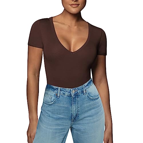 RoomTour Body Damen Elegant Kurz Bodysuit Tops Damenbody for damen Stringbody V Kragen 1-Braun M von RoomTour