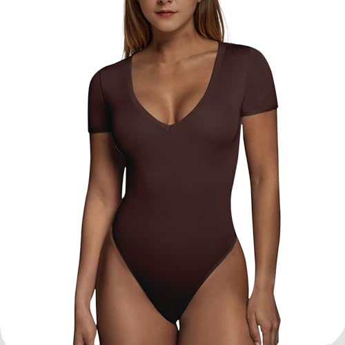 RoomTour Body Damen Elegant Kurz Bodysuit Tops Damenbody for damen Stringbody V Kragen 1-Braun M von RoomTour