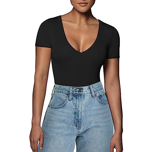 RoomTour Body Damen Elegant Kurz Bodysuit Tops Damenbody for damen Stringbody V Kragen 1-Schwarz M von RoomTour