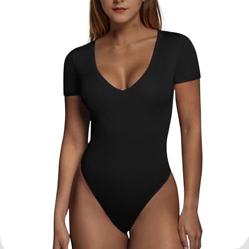 RoomTour Body Damen Elegant Kurz Bodysuit Tops Damenbody for damen Stringbody V Kragen 1-Schwarz XXL von RoomTour
