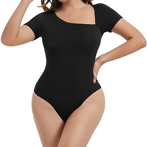 RoomTour Body Damen Elegant Kurz Stringbody Damen Body Asymmetrischem Kragen Bodysuit Tops Schwarz S von RoomTour