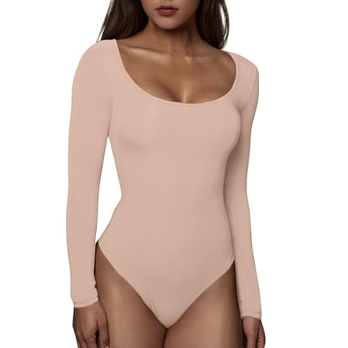 RoomTour Body Damen Elegant Langarm Bodys for damen Bodysuit Tops for damen Stringbody 1-Beige S von RoomTour