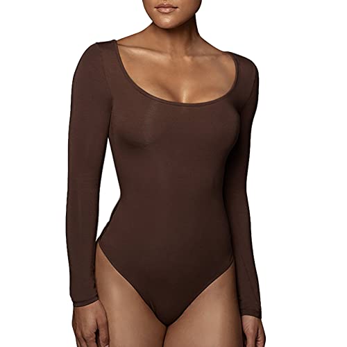 RoomTour Body Damen Elegant Langarm Bodys for damen Bodysuit Tops for damen Stringbody 1-Braun XS von RoomTour