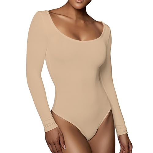 RoomTour Body Damen Elegant Langarm Bodys for damen Bodysuit Tops for damen Stringbody 1-dunkle Hautfarbe M von RoomTour