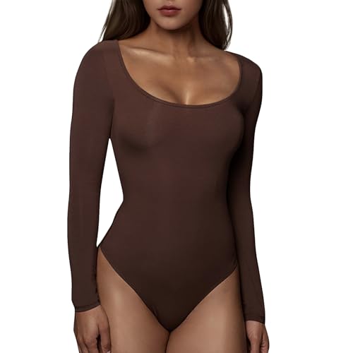 RoomTour Body Damen Elegant Langarm Bodys for damen Bodysuit Tops for damen Stringbody 1-Braun XXL von RoomTour