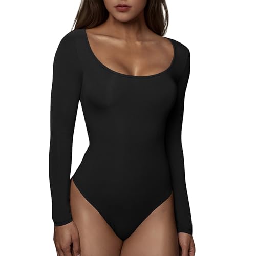 RoomTour Body Damen Elegant Langarm Bodys for damen Bodysuit Tops for damen Stringbody 1-Schwarz M von RoomTour