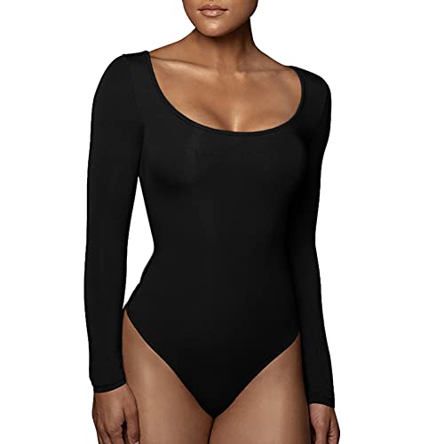 RoomTour Body Damen Elegant Langarm Bodys for damen Bodysuit Tops for damen Stringbody 1-Schwarz XL von RoomTour