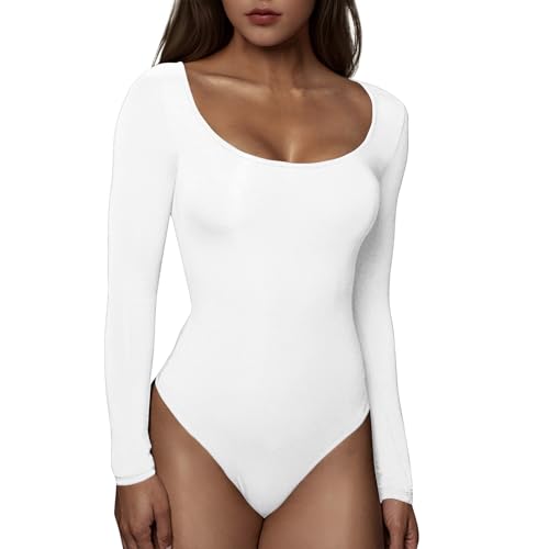 RoomTour Body Damen Elegant Langarm Bodys for damen Bodysuit Tops for damen Stringbody 1-Weiß XL von RoomTour