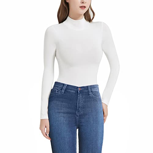 RoomTour Body Damen Elegant Langarm Bodys für damen Bodysuit Tops for damen Hochgeschlossen Elegant Bodysuit 1-Weiß L von RoomTour