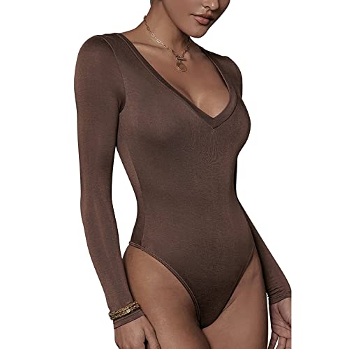 RoomTour Body Damen Elegant Langarm Bodysuit Tops Damenbody for damen Stringbody 1-Braun L von RoomTour