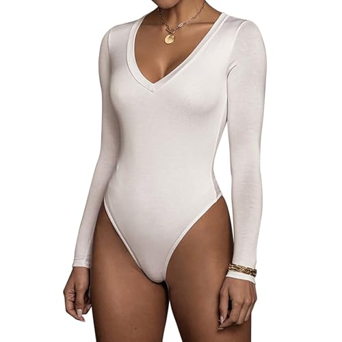 RoomTour Body Thermooberteile für Damen Elegant Langarm Bodysuit Tops Damenbody for Damen Stringbody 1-Weiß XXL von RoomTour