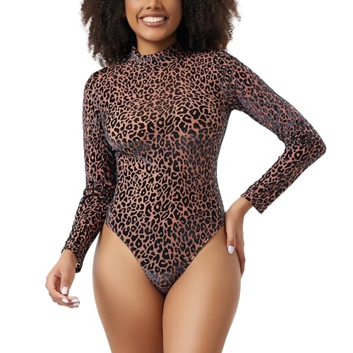 RoomTour Body Damen Mock-Ausschnitt Langarm Bodysuit Shapewear Tanga Leopard Muster Jumpsuit Tops 3-Braun XL von RoomTour