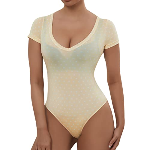 RoomTour Body Damen Sheer Mesh Body V Kragen Stringbody Damen Bodysuits Durchsichtig Gelb XXL von RoomTour