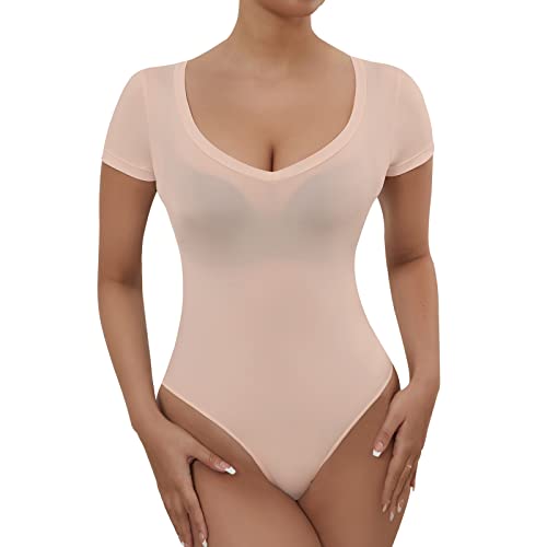 RoomTour Body Damen Sheer Mesh Body V Kragen Stringbody Damen Bodysuits Durchsichtig Rosa L von RoomTour