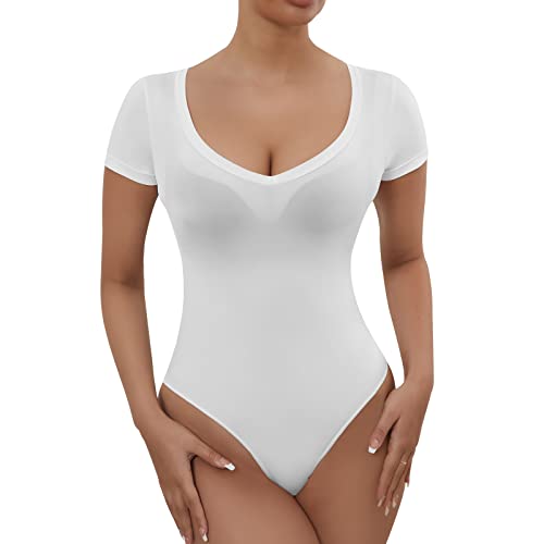 RoomTour Body Damen Sheer Mesh Body V Kragen Stringbody Damen Bodysuits Durchsichtig Weiß M von RoomTour