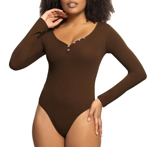 RoomTour Body Damen V-Ausschnitt Langarm Bodysuits Für Damen mit Knopf Elegant Bodys 2-Braun S von RoomTour