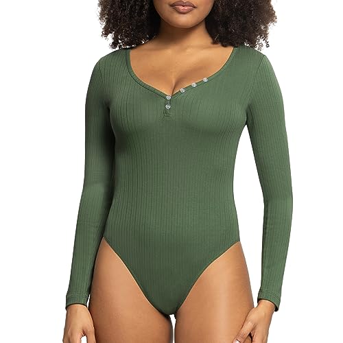 RoomTour Body Damen V-Ausschnitt Langarm Bodysuits Für Damen mit Knopf Elegant Bodys Grün L von RoomTour