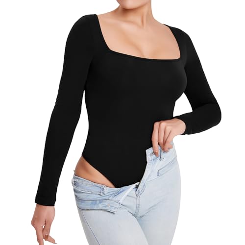 RoomTour Bodysuit Damen Langarm Elegant Mit Quadratischem Kragen - Body 7-Schwarz XS von RoomTour