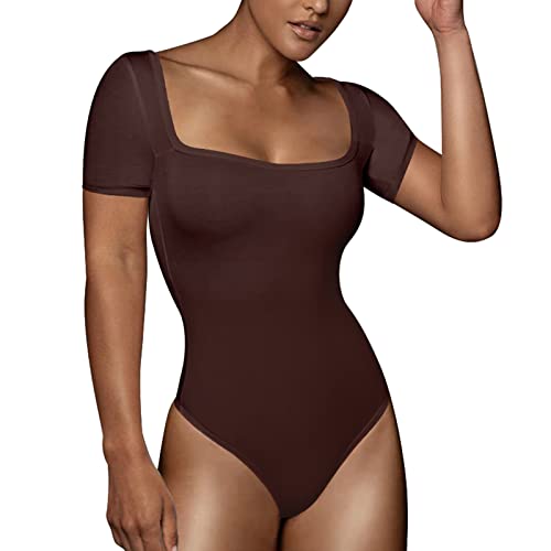 RoomTour Bodysuit Tops Elegant Kurz Body Damen Damenbody for damen Stringbody Quadratischer Kragen Braun M von RoomTour