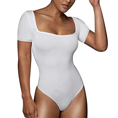 RoomTour Bodysuit Tops Elegant Kurz Body Damen Damenbody for damen Stringbody Quadratischer Kragen Weiß XL von RoomTour