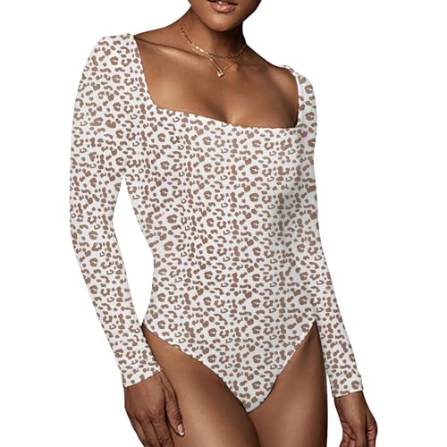 RoomTour Bodysuit Tops Elegant Langarm Body Damen Damenbody for damen Stringbody Quadratischer Kragen 3-Leopard L von RoomTour