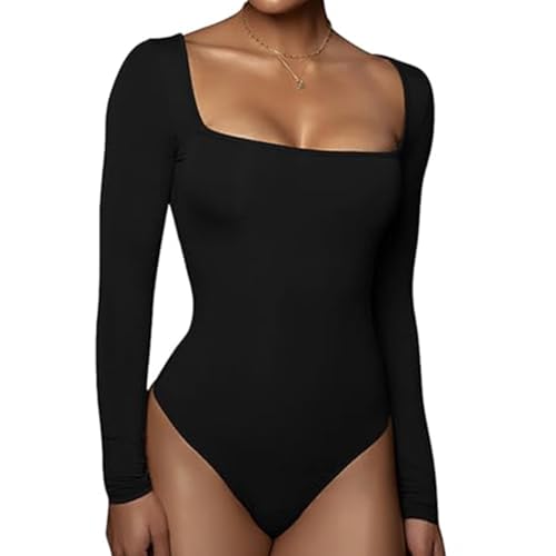 RoomTour Bodysuit Tops Elegant Langarm Body Damen Stringbody Quadratischer Kragen von RoomTour