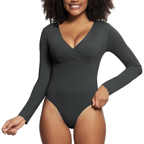 RoomTour Damen Body Bodysuit Elegant Tiefer V-Ausschnitt langarm Body Slim Top 2-Grau S von RoomTour