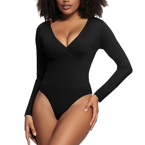 RoomTour Damen Body Bodysuit Elegant Tiefer V-Ausschnitt langarm Body Slim Top 2-Schwarz L von RoomTour