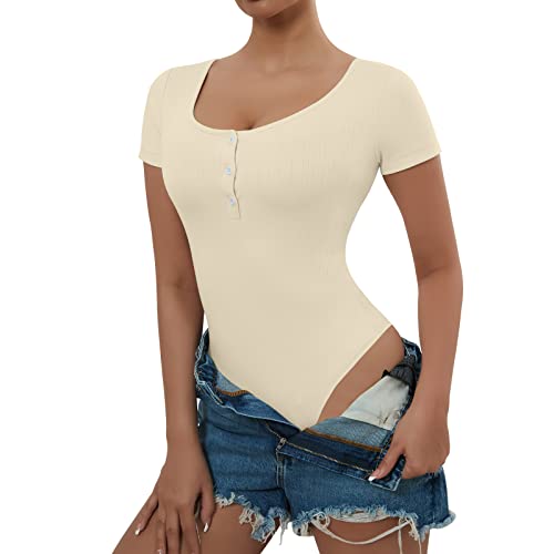 RoomTour Damen Body Elegant Bodysuit Knopf nach unten Stringbody Runder Kragen Bodies for Damen Beige S von RoomTour