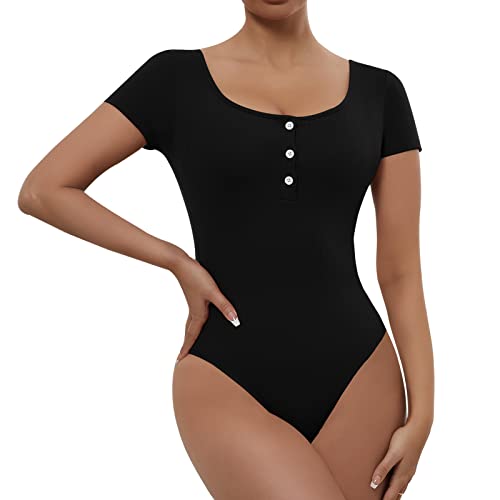 RoomTour Damen Body Elegant Bodysuit Knopf nach unten Stringbody Runder Kragen Bodies for Damen Schwarz XXL von RoomTour