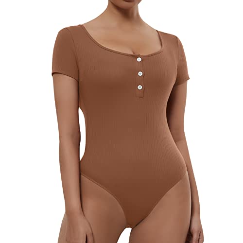 RoomTour Damen Body Elegant Bodysuit Knopf nach unten Stringbody Runder Kragen Bodies for Damen Bronze S von RoomTour