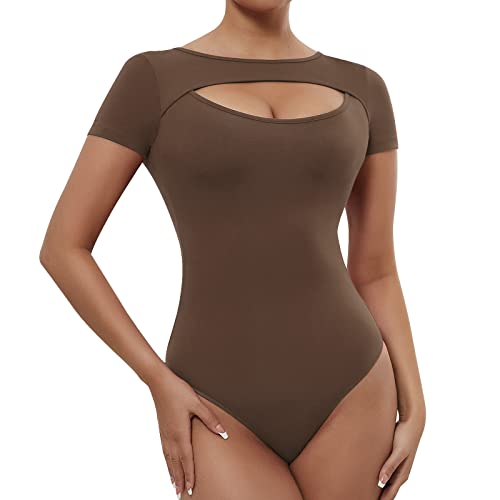 RoomTour Damen Body Kurzarm Bodysuits Elegant Stringbody Damen Rundhalsausschnitt Braun S von RoomTour