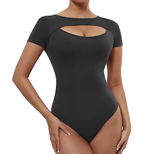 RoomTour Damen Body Kurzarm Bodysuits Elegant Stringbody Damen Rundhalsausschnitt Grau M von RoomTour