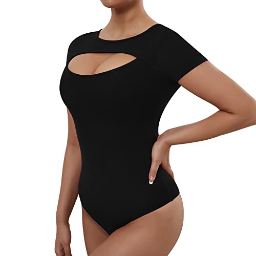 RoomTour Damen Body Kurzarm Bodysuits Elegant Stringbody Damen Rundhalsausschnitt Schwarz S von RoomTour