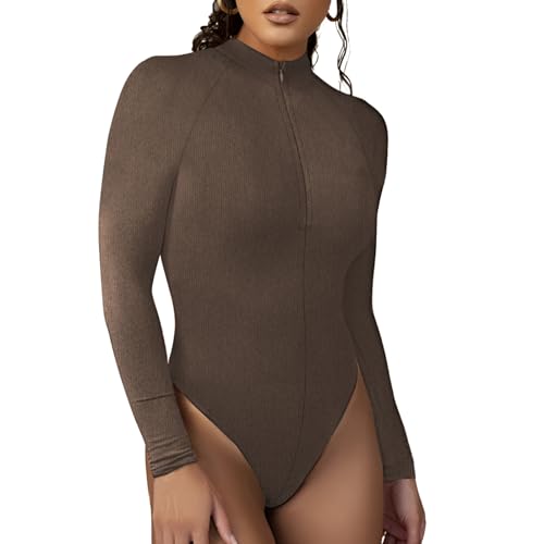 RoomTour Damen Body Leotard Hoher Kragen Bodysuits Elegant Langarm body für Frauen mit Reißverschluss Jumpsuit Tops 2-Braun XS von RoomTour