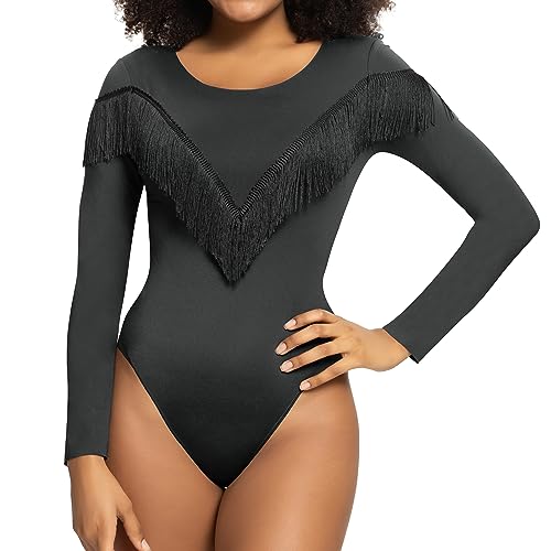 RoomTour Damen Body Rundhalsausschnitt mit Fransen Lange Ärmel Slim Fit Bodyshaper Tops M von RoomTour