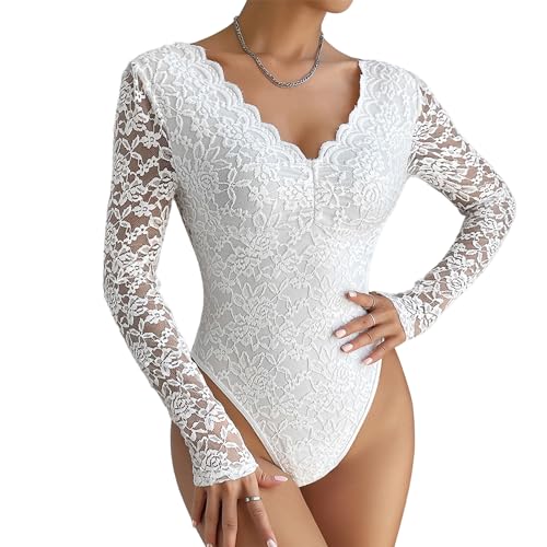RoomTour Damen Body Spitzen Bodysuit Langarm Elegant Bodys Für Damen Spitzenbody Party Oberteil mit V-Ausschnitt von RoomTour