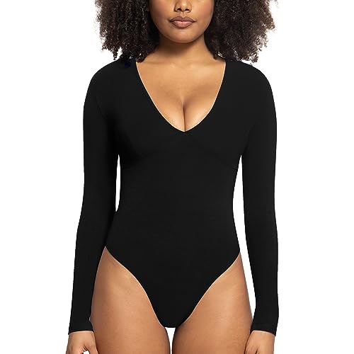 RoomTour Thermooberteile für Damen Bodys Elegant Body Tiefer V-Ausschnitt Langarm Bodysuits Basic Jumpsuit 2-Schwarz L von RoomTour