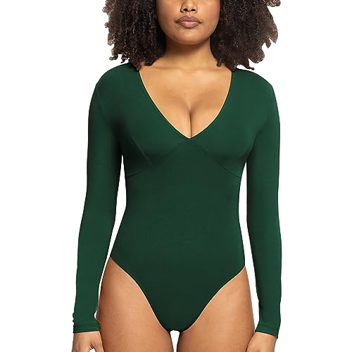 RoomTour Damen Bodys Elegant Body Tiefer V-Ausschnitt Langarm Bodysuits Basic Jumpsuit Grün XS von RoomTour