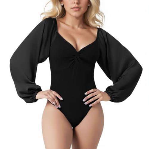 RoomTour Damen Bodys Elegant Body V-Ausschnitt Laterne Langarm Bodysuit Damenbodys 2-Schwarz XS von RoomTour