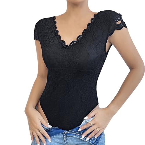 RoomTour Damen Bodysuit V-ausschnitt Kurzarm Spitze Overall Top Trikot Kleidung Schwarz S von RoomTour
