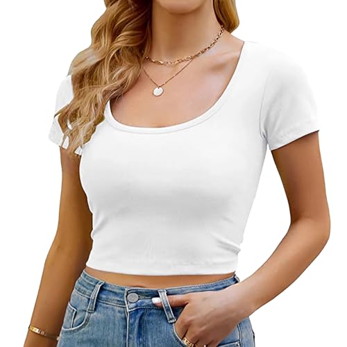 RoomTour Damen Crop Tops T-Shirts Slim Fit Rundhals Shirt 2er Pack Kurzarm Basic Schwarz/Weiß L von RoomTour