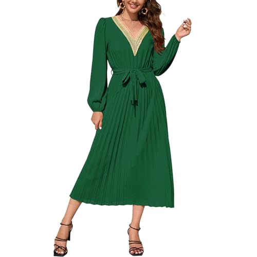 RoomTour Damen Elegant langes Kleid Spitze V-Ausschnitt Langarm Plissee Kleider von RoomTour