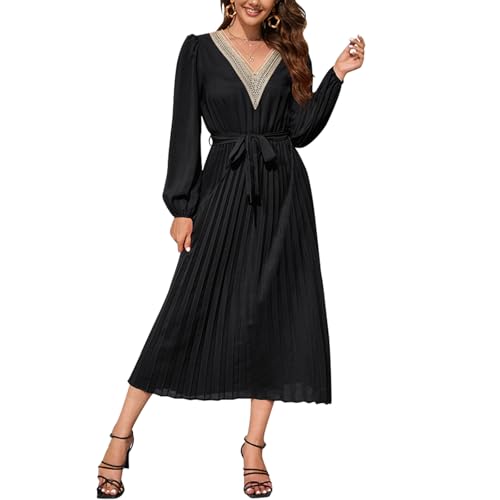RoomTour Damen Elegant langes Kleid Spitze V-Ausschnitt Langarm Plissee Kleider von RoomTour