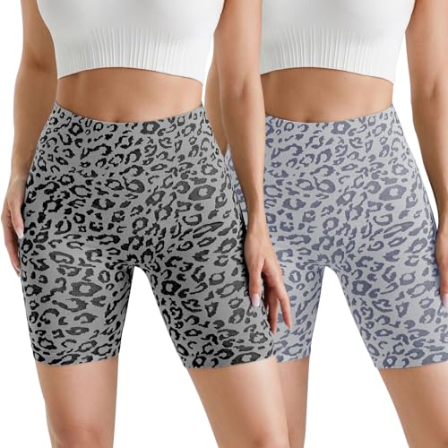 RoomTour Damen Gym Shorts High Wasit Radlerhose Damen Workout Shorts Leggings Fitness Sommer Outfit Sporthose 2er Pack 2-Leopardenmuster M von RoomTour