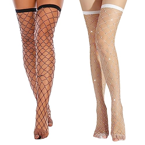 RoomTour Damen Halterlose Strümpfe Netzstrümpfe Strass Strümpfe Fischnetz Oberschenkel Stockings 2 Paare Schwarz/Weiß von RoomTour