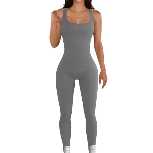 RoomTour Damen Jumpsuit Elegant Ärmellos Gerippte Eng Jumpsuit für Damen Yoga U Hals Overall Sport Workout Bodycon Grau L von RoomTour