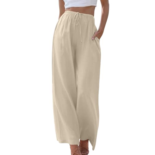 RoomTour Damen Sommer Leinenhose High Waist Weite Palazzo Leg Hose mit Tunnelzug und Taschen von RoomTour